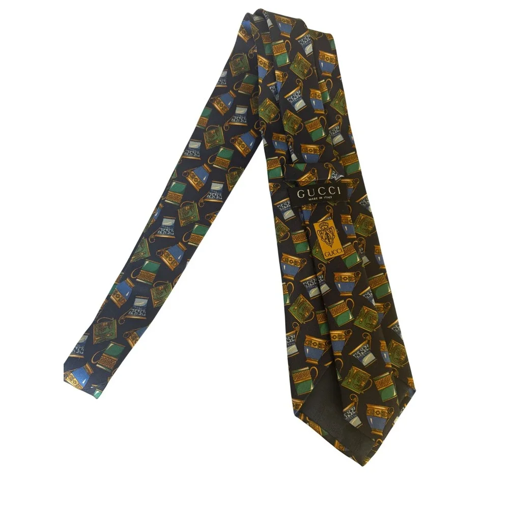 Vintage Gucci Men Tea Cups Neck Tie Navy Blue Silk Italy Luxury Designer Italian